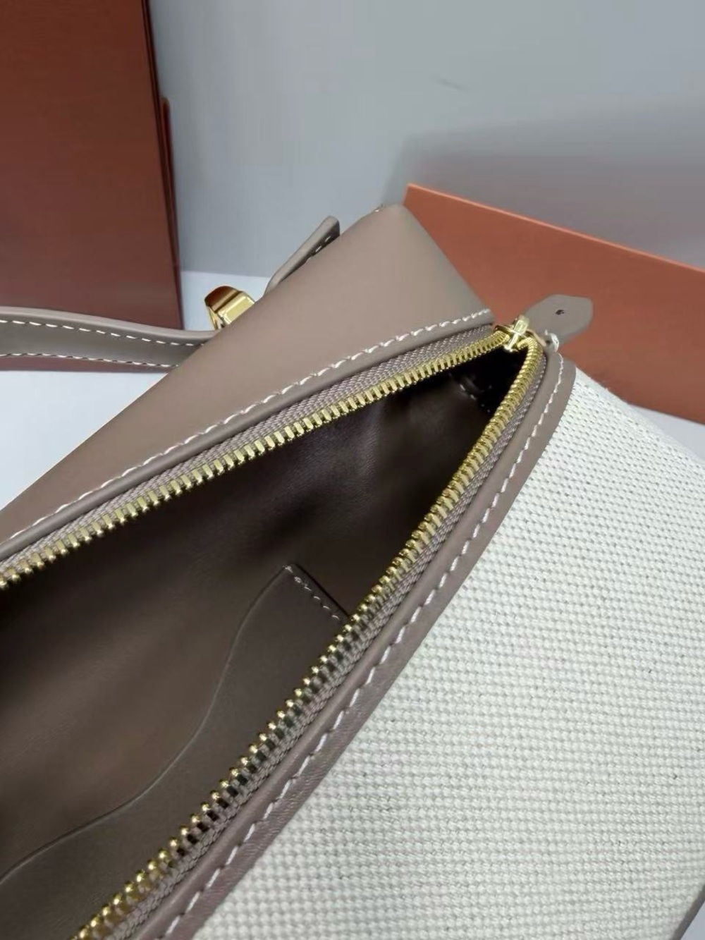 Taupe and Cream Top-Handle Mini Vanity Bag with Gold Hardware - Picture 3 of 6